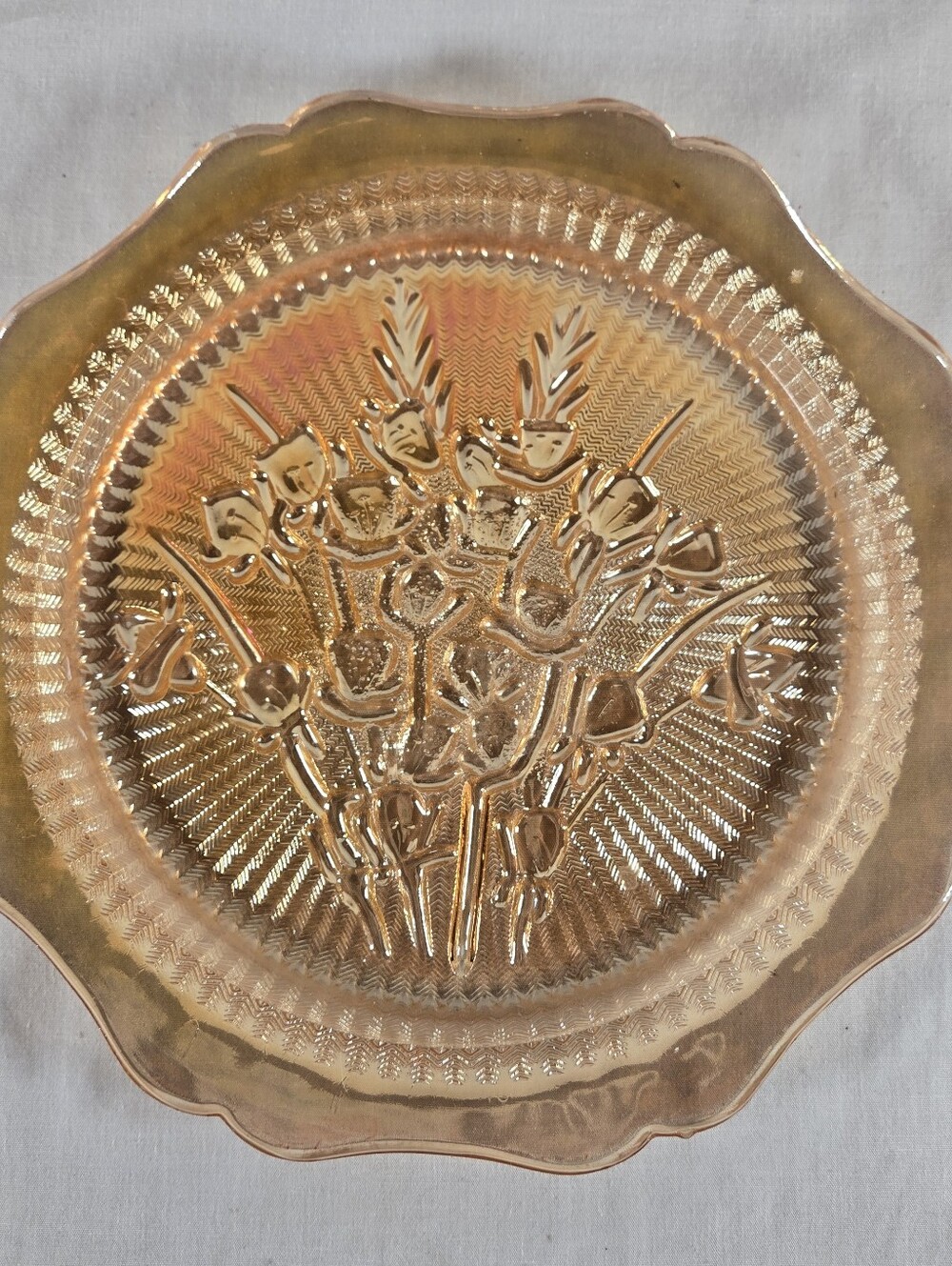 Jeanette Glass Iris Herringbone Depression Glass Dinner Plate 9" Marigold 1930s